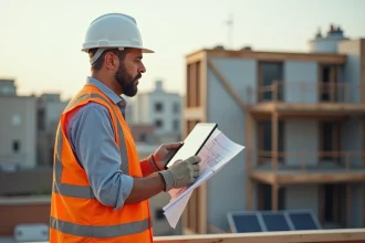 Ouvrier du BTP consultant des plans sur tablette numérique sur un chantier de rénovation énergétique avec panneaux solaires en cours d'installation
