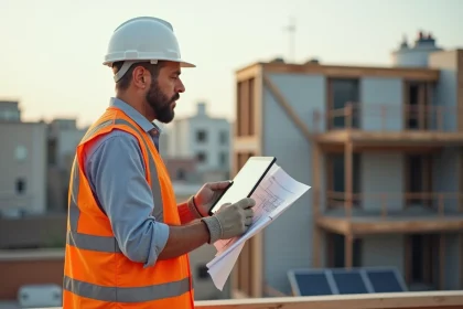 Ouvrier du BTP consultant des plans sur tablette numérique sur un chantier de rénovation énergétique avec panneaux solaires en cours d'installation