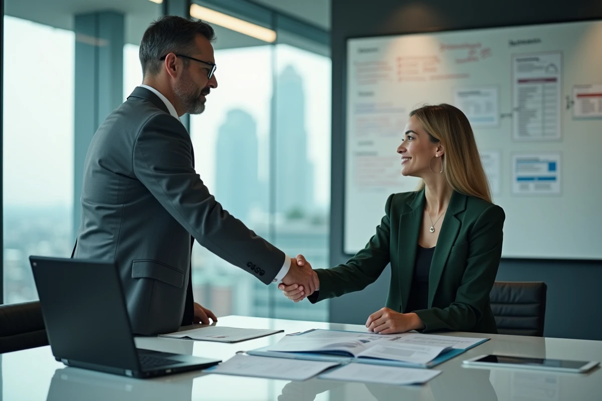 Deux professionnels B2B signant un partenariat commercial avec un logiciel de marketing automation visible sur un ordinateur portable en salle de réunion