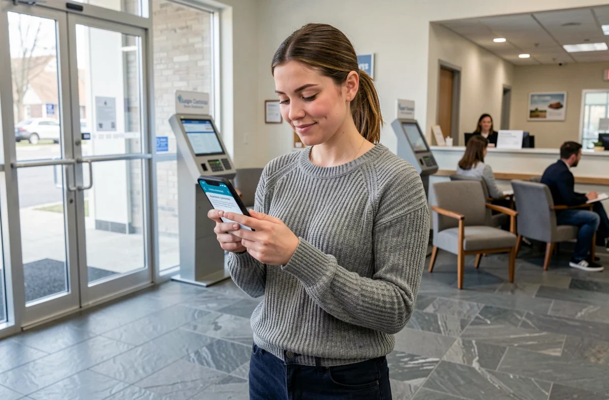 Patiente vérifiant la confirmation de son rendez-vous médical sur smartphone dans le hall d'un cabinet