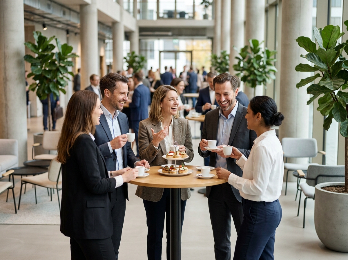 Participants d'un séminaire d'entreprise dégustant des amuse-bouches lors d'une pause traiteur conviviale