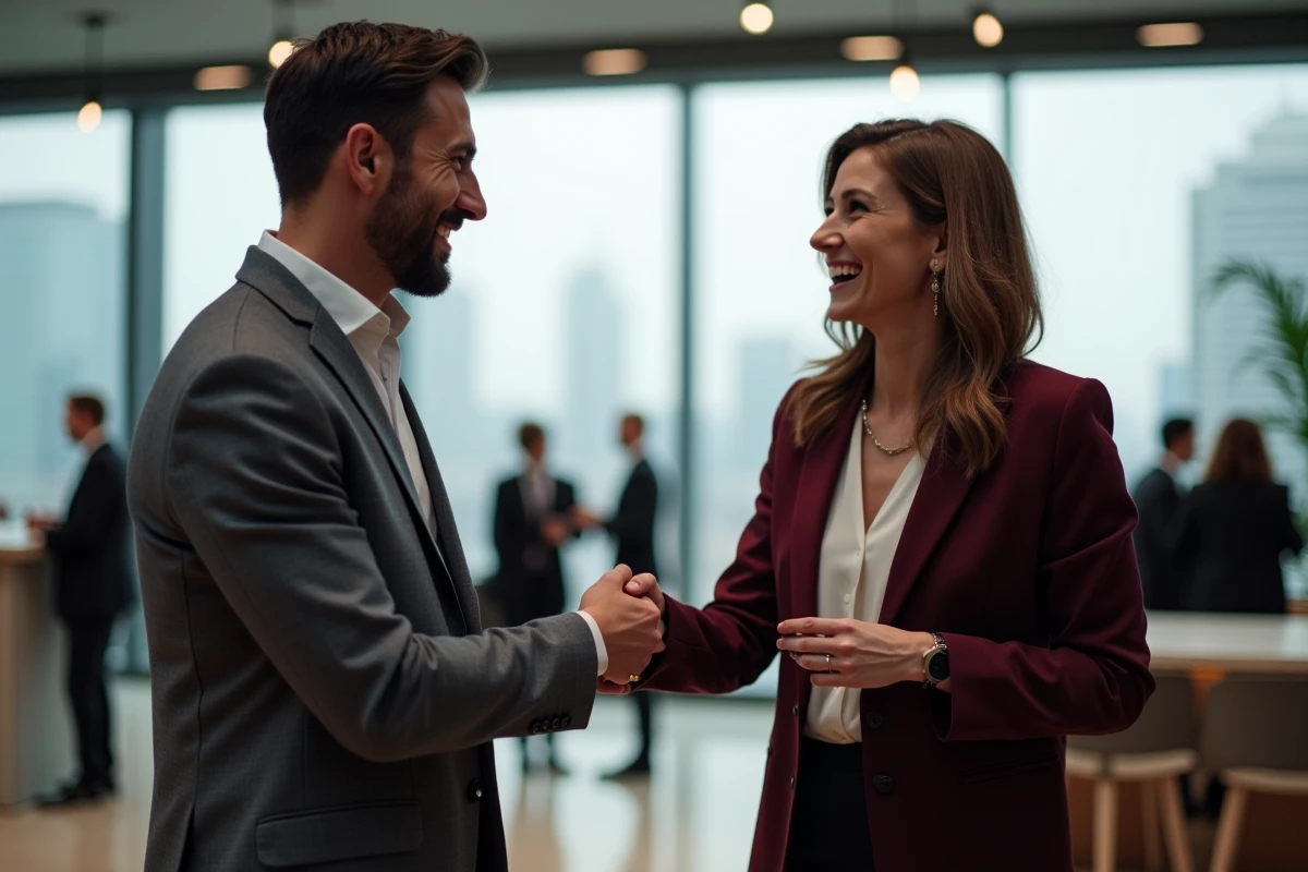 Deux professionnels échangeant une poignée de mains lors d'un événement de mise en relation B2B dans un lounge d'affaires contemporain