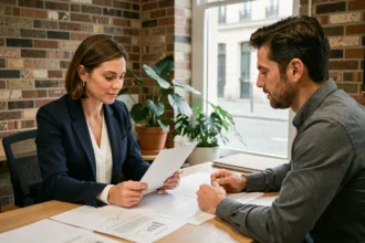 Consultante en portage salarial discutant d'un contrat avec un conseiller dans un espace de coworking à Reims