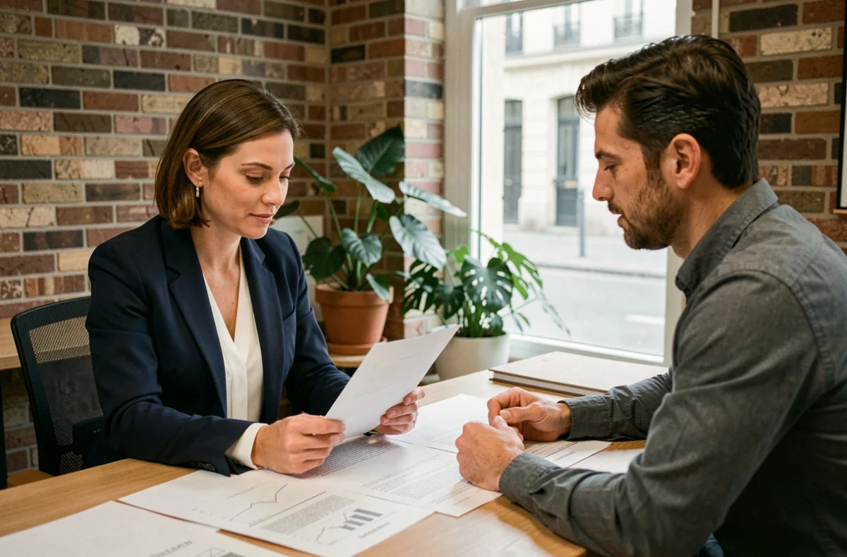 Consultante en portage salarial discutant d'un contrat avec un conseiller dans un espace de coworking à Reims