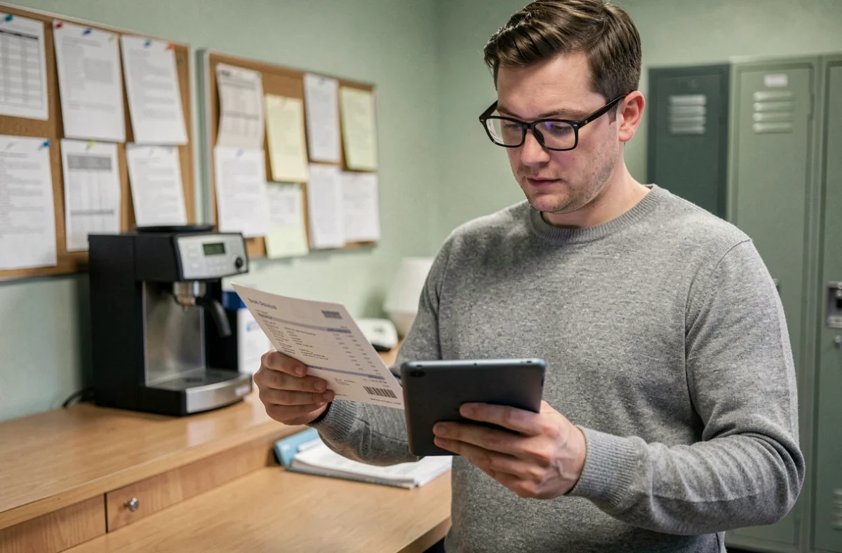 Jeune professeur comparant sa fiche de salaire avec des informations sur une tablette dans la salle des professeurs