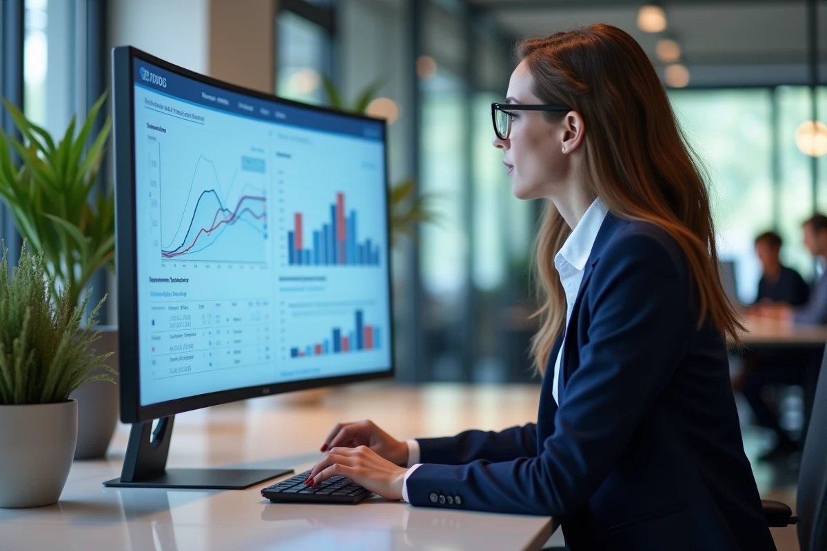 Professionnelle B2B analysant un tableau de bord de marketing automation et de gestion des leads sur un écran dans un open space moderne