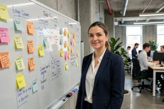 Professionnelle en marketing B2B analysant un tableau de segmentation client pour définir l'ICP de son entreprise