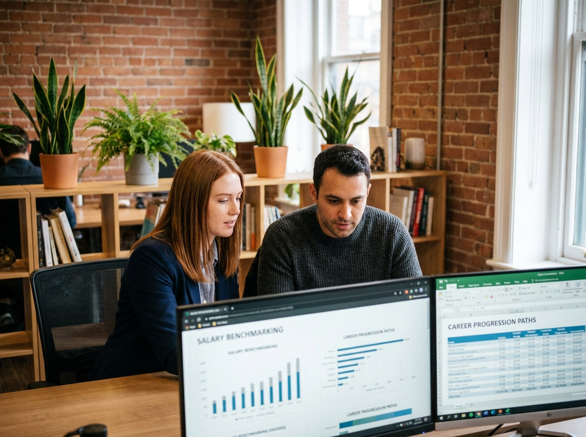 Deux jeunes professionnels comparant des outils de comparaison salariale et des parcours de carrière dans un espace de coworking
