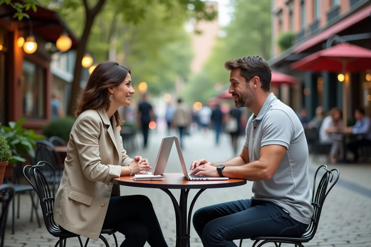 Deux professionnels discutant d'opportunités de carrière B2B en terrasse urbaine