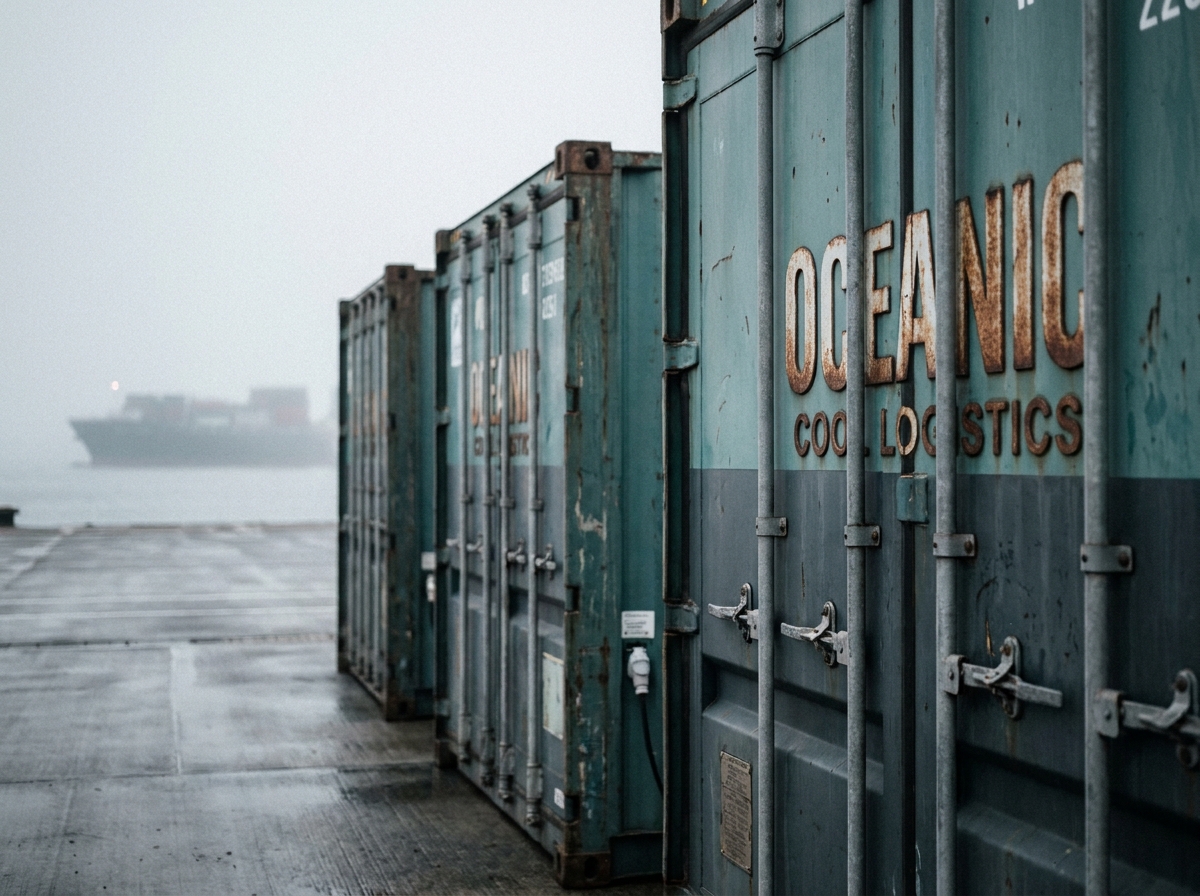 Rangée de conteneurs frigorifiques reefer alignés sur un terminal portuaire avec brume maritime en arrière-plan