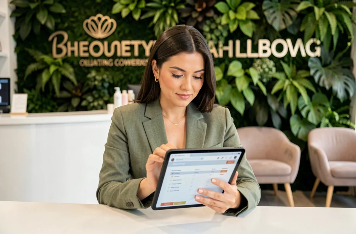 Réceptionniste accueillant dans un centre de coworking beauté avec mur végétal et ambiance professionnelle moderne