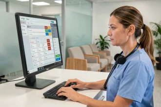 Réceptionniste médicale utilisant un logiciel de prise de rendez-vous sur ordinateur dans un cabinet médical moderne