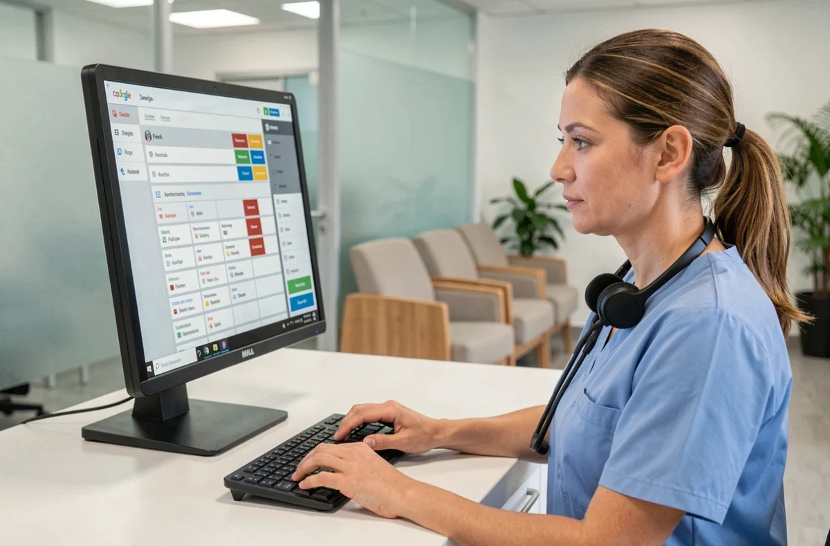 Réceptionniste médicale utilisant un logiciel de prise de rendez-vous sur ordinateur dans un cabinet médical moderne
