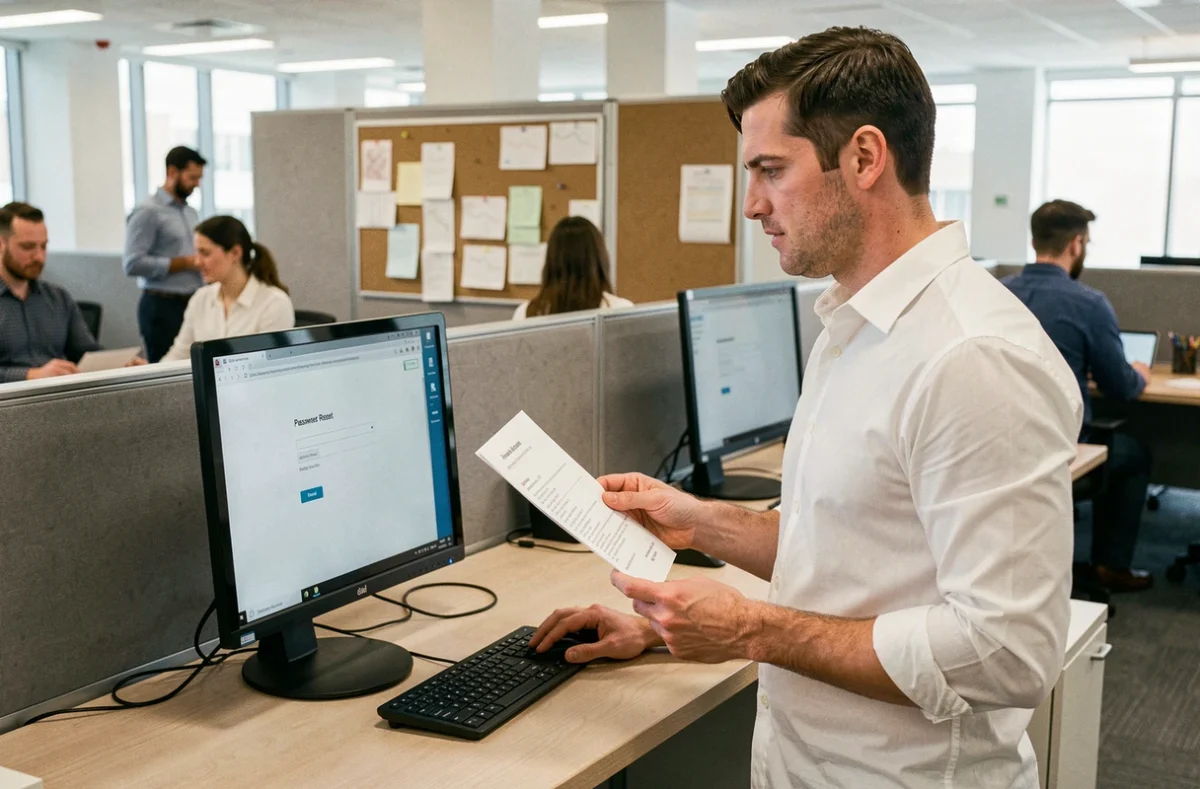 Homme consultant un formulaire de réinitialisation de mot de passe sur un ordinateur de bureau en open space
