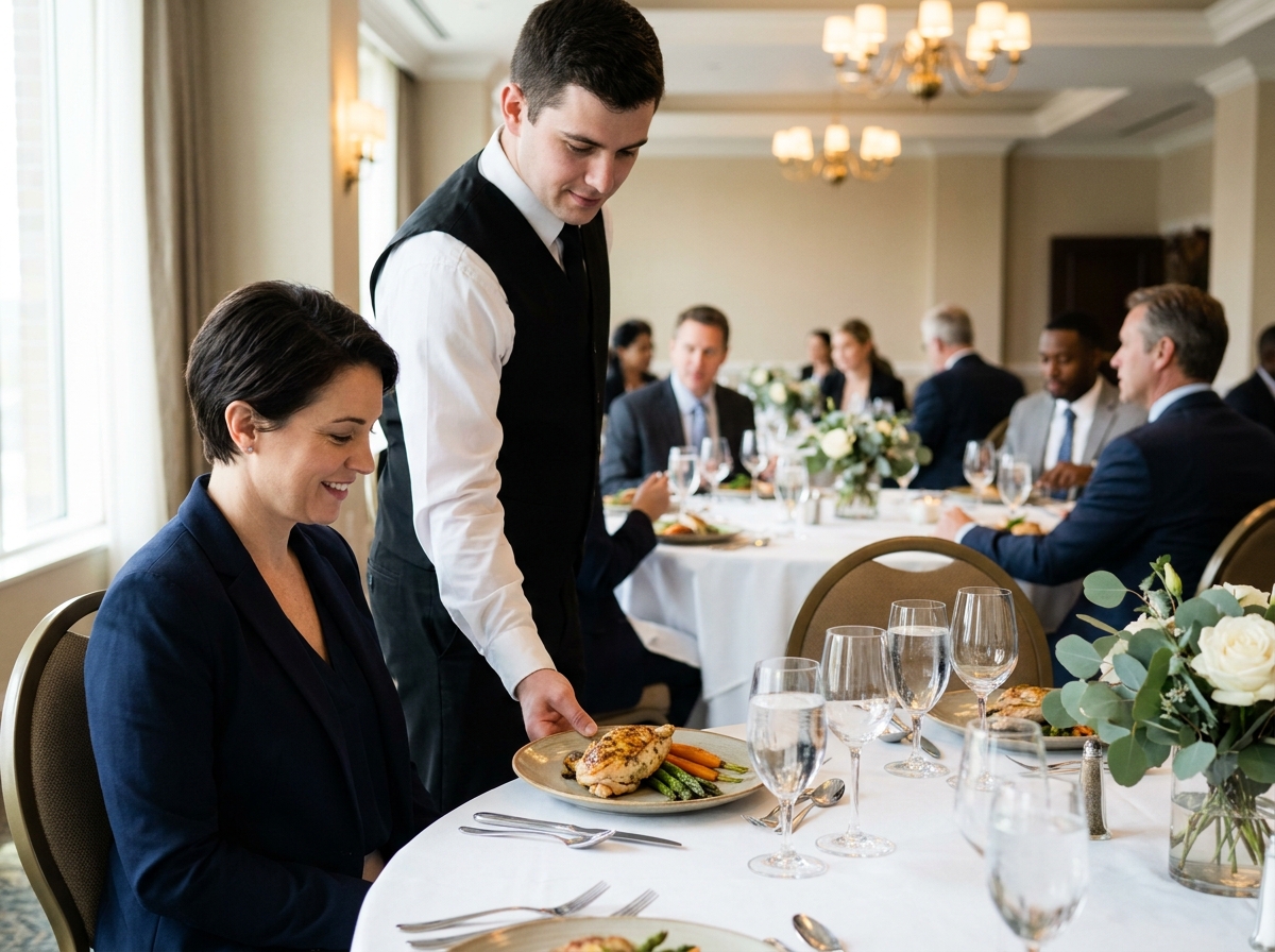 Service de repas assis par un traiteur professionnel lors d'un déjeuner de séminaire en hôtel d'affaires