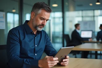Responsable commercial consultant les données de suivi de son équipe terrain sur une tablette dans un bureau moderne