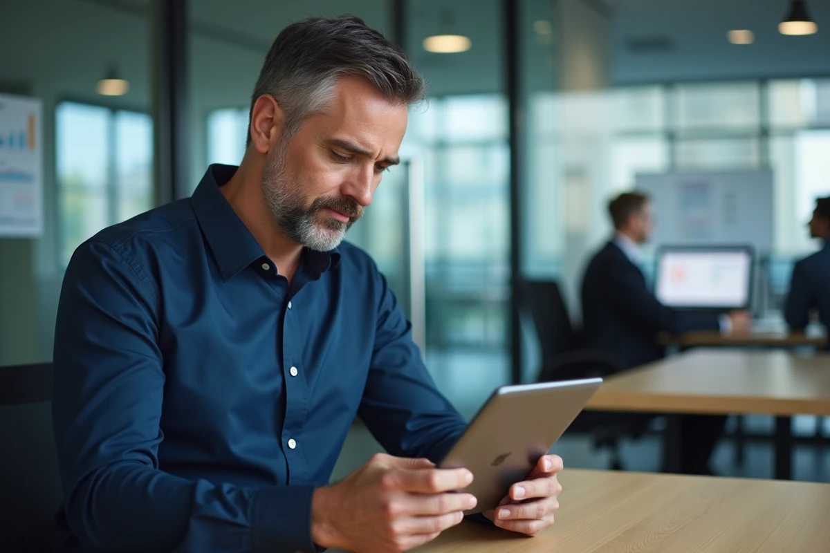 Responsable commercial consultant les données de suivi de son équipe terrain sur une tablette dans un bureau moderne