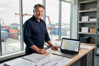 Responsable logistique étudiant des documents Incoterms 2026 dans un bureau moderne face à un terminal à conteneurs