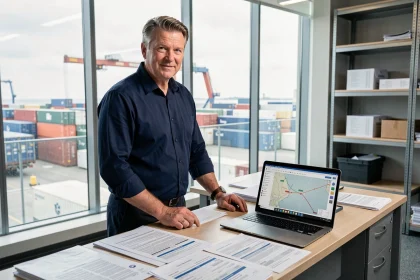 Responsable logistique étudiant des documents Incoterms 2026 dans un bureau moderne face à un terminal à conteneurs