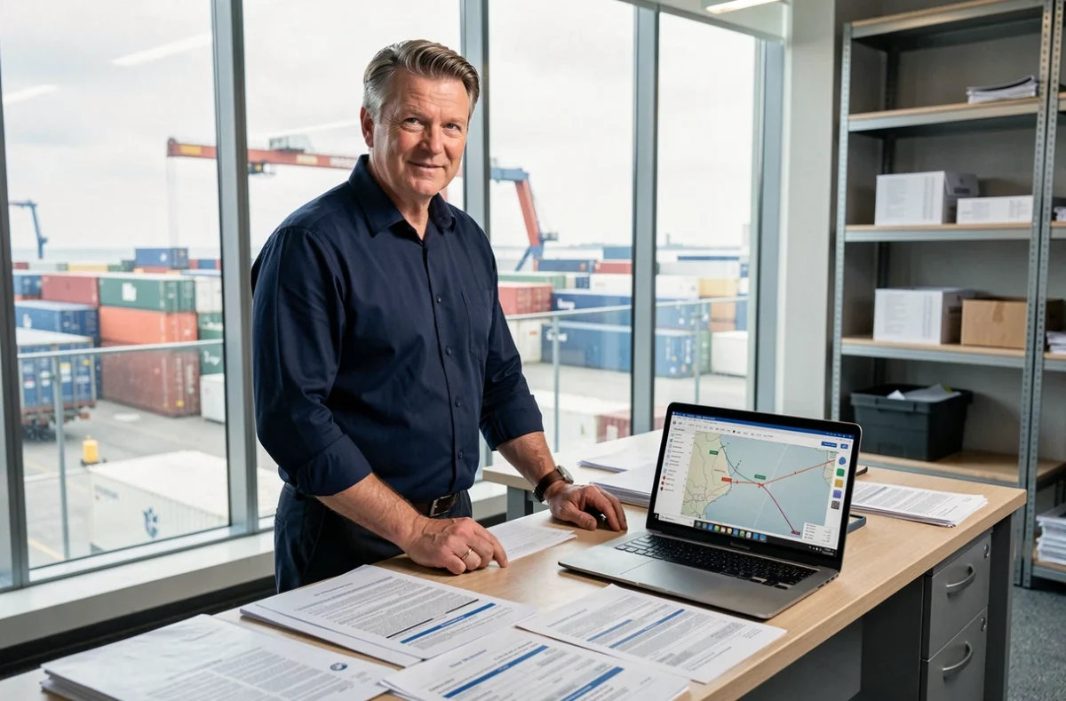 Responsable logistique étudiant des documents Incoterms 2026 dans un bureau moderne face à un terminal à conteneurs