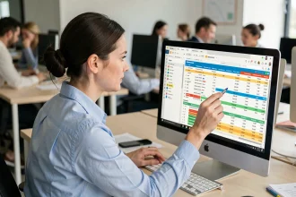 Responsable RH analysant des données de présence et de paie sur un écran d'ordinateur dans un bureau moderne