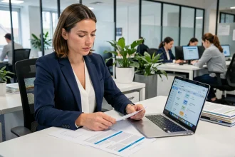Responsable RH analysant un rapport de recrutement sur un bureau de bureau moderne avec un logiciel de gestion de candidats ouvert sur l'écran