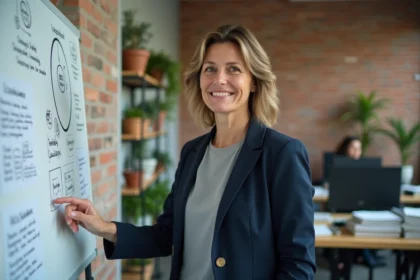 Responsable RSE d'une PME présentant une stratégie de développement durable sur un tableau blanc dans un bureau moderne