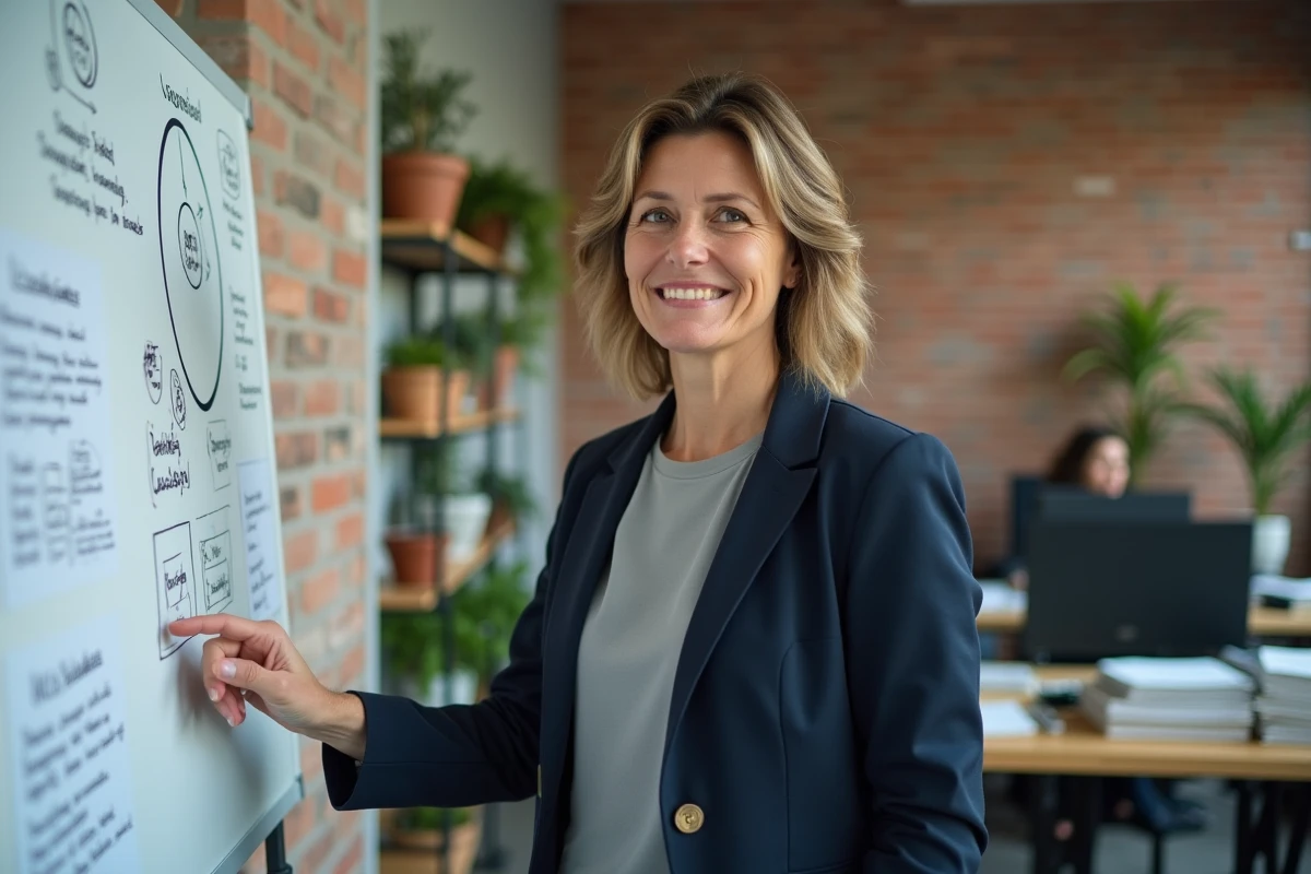 Responsable RSE d'une PME présentant une stratégie de développement durable sur un tableau blanc dans un bureau moderne