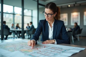 Responsable territoriale analysant une carte régionale pour l'implantation d'entreprises en salle de réunion municipale