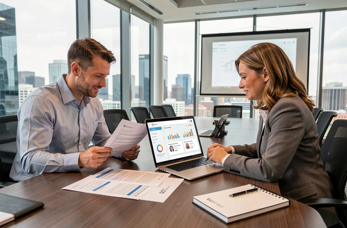 Deux professionnels en réunion B2B analysant des profils clients et des données pour construire un ICP marketing précis