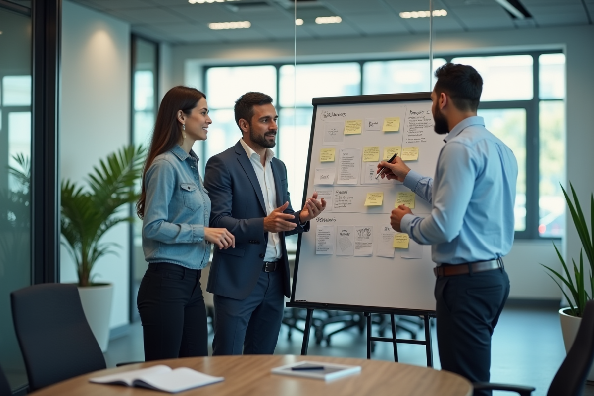 Groupe de collègues discutant autour d un tableau blanc en réunion