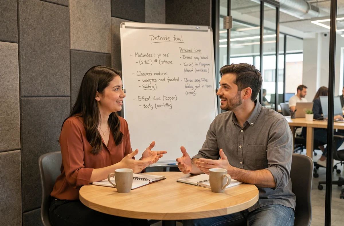 Deux professionnels en réunion informelle dans un espace de coworking à Cahors