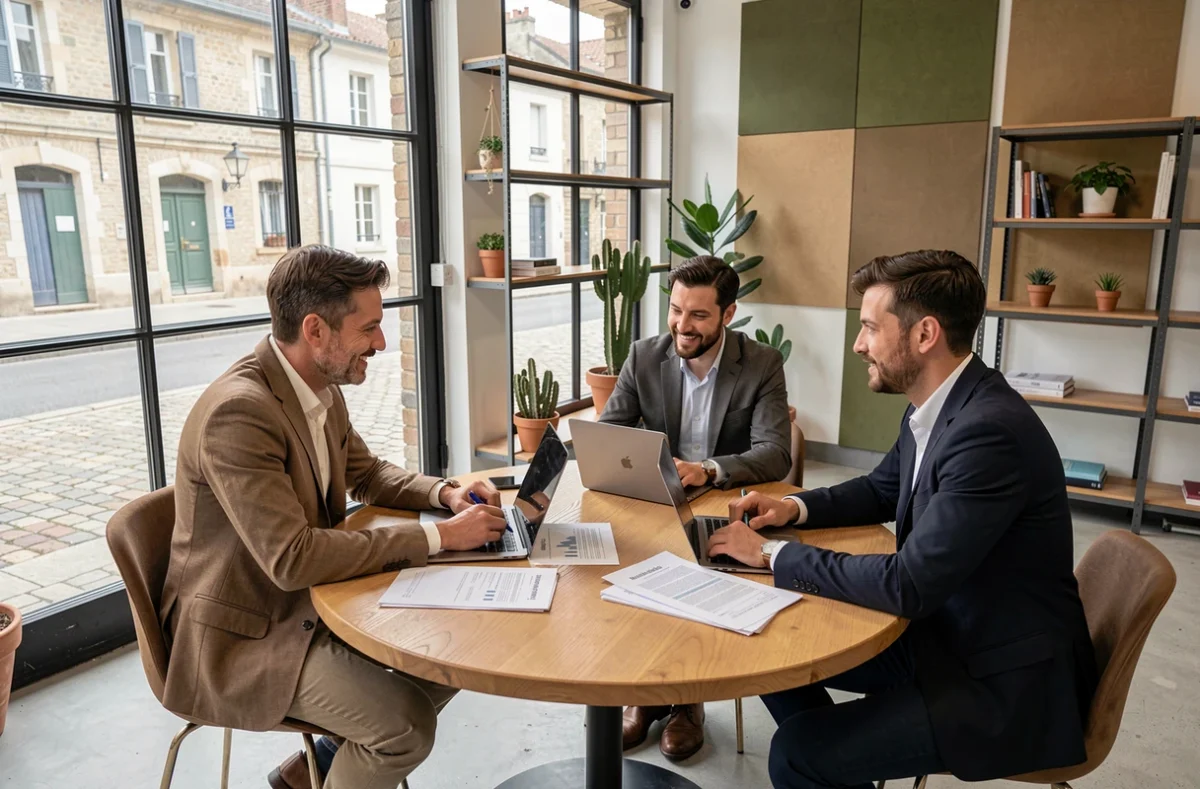 Groupe de professionnels en réunion de travail dans un espace de coworking moderne à Périgueux