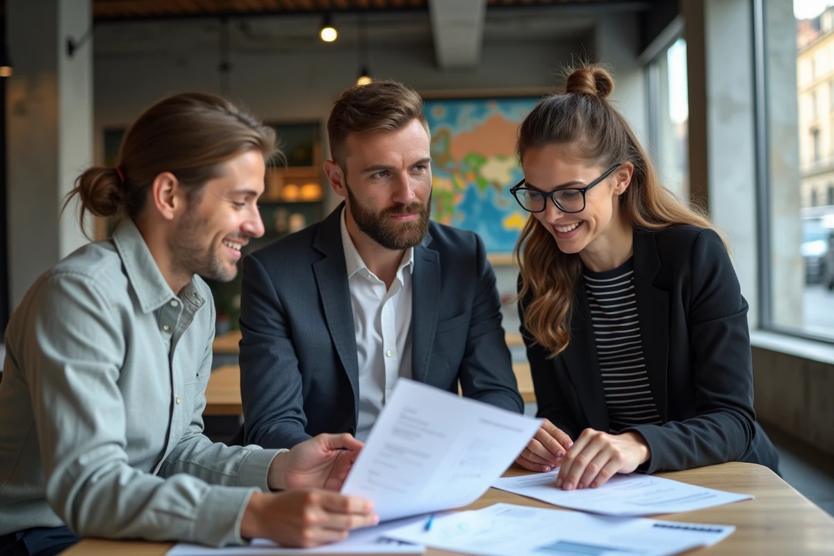 Professionnels en réunion dans un espace de coworking à Mulhouse analysant des données économiques du Haut-Rhin