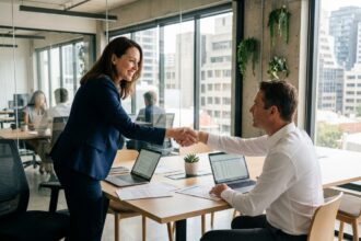Deux entrepreneurs en réunion professionnelle se serrant la main dans un bureau moderne, illustrant l'accompagnement des PME par des entreprises de services aux professionnels
