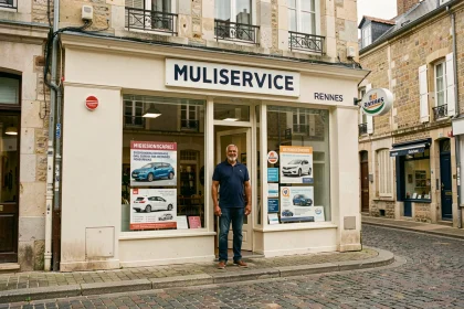 Devanture de la boutique RIM 2 Multiservices à Rennes avec son propriétaire devant l'entrée