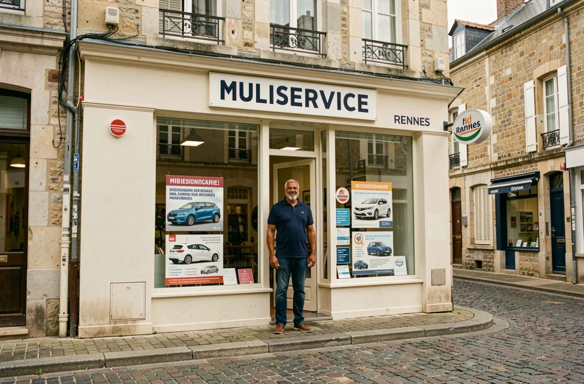 Devanture de la boutique RIM 2 Multiservices à Rennes avec son propriétaire devant l'entrée