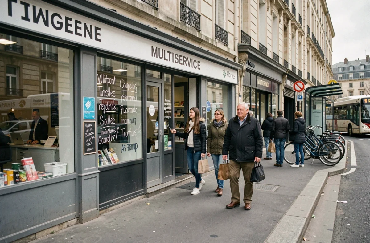 Rue commerçante de Rennes avec des clients sortant d'une boutique multiservices comme RIM 2