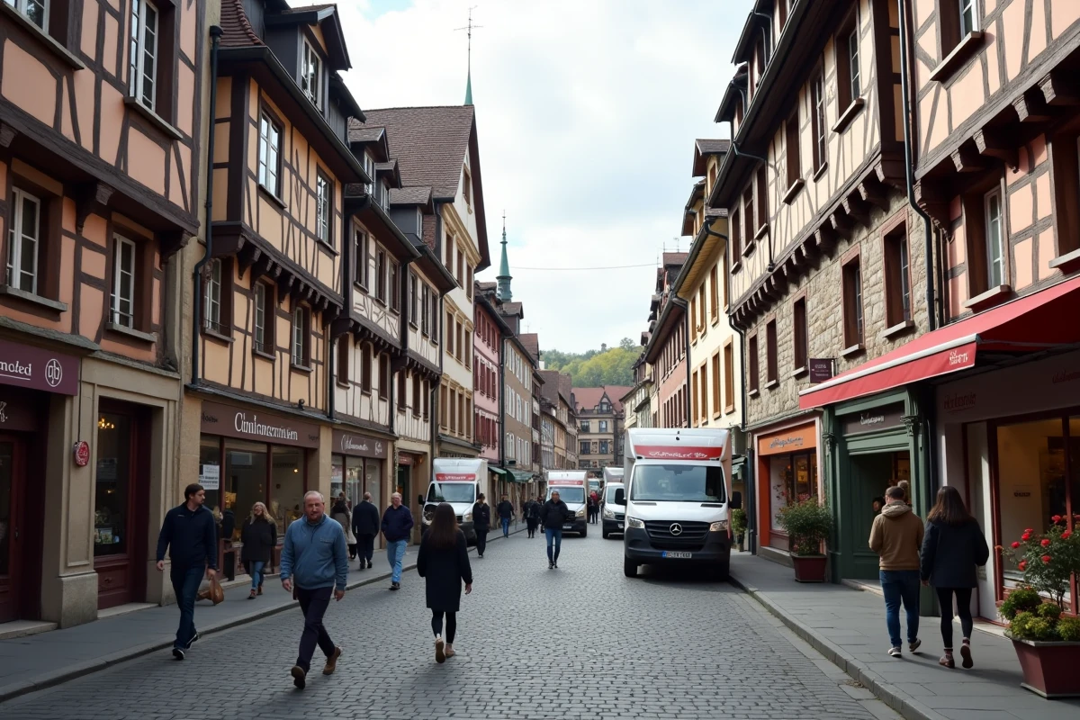 Rue commerçante de Colmar avec architecture alsacienne traditionnelle et commerces modernes, reflet de l'économie locale du Haut-Rhin