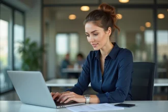 Salariée consultant son espace en ligne de gestion de paie et congés sur un ordinateur portable au bureau