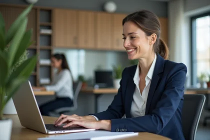 Salariée consultant son espace MyPeopleDoc sur un ordinateur portable dans un bureau moderne