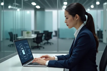 Salariée consultant le portail sécurisé MonPortailSecuritas sur son ordinateur portable dans un bureau d'entreprise moderne