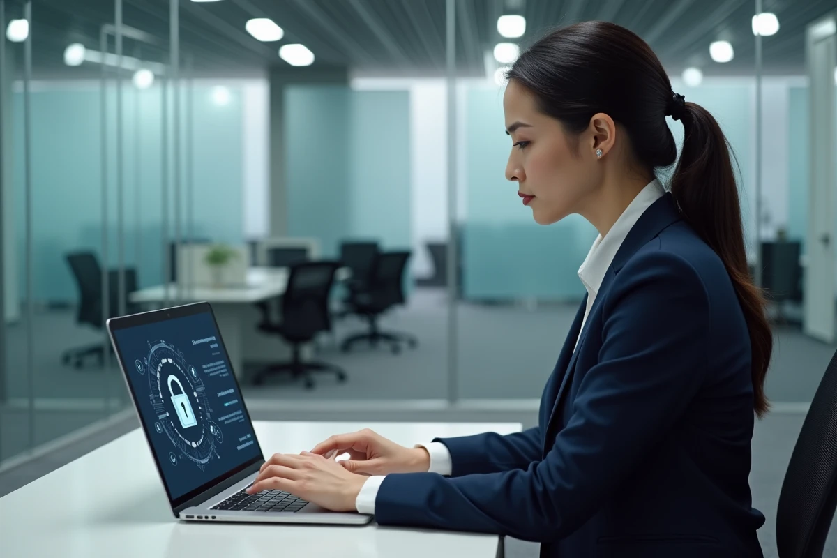 Salariée consultant le portail sécurisé MonPortailSecuritas sur son ordinateur portable dans un bureau d'entreprise moderne