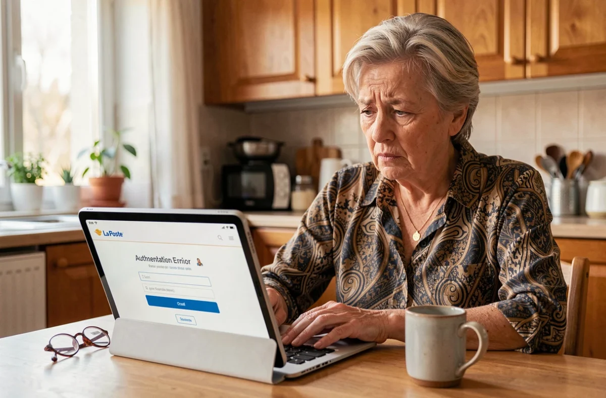 Senior perplexe devant un message d'erreur d'authentification sur une tablette à la cuisine