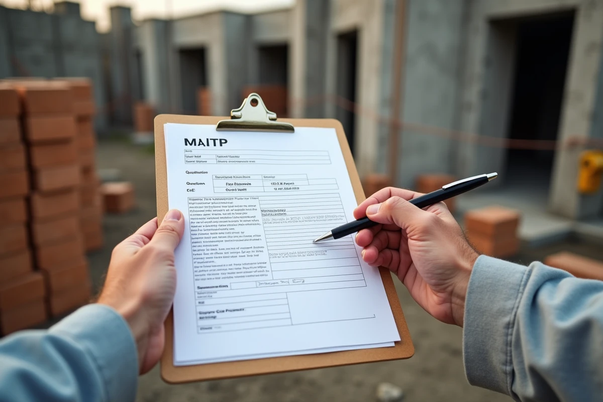 Mains d'artisan tenant un devis BTP sur chantier avant de signer, stylo posé sur la ligne de signature