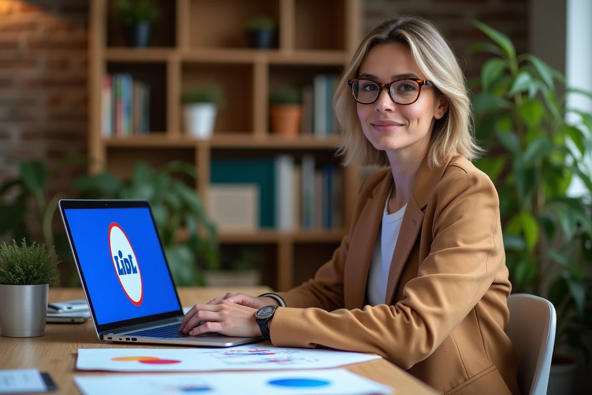 Stratège en branding étudiant l'identité visuelle et le logo Lidl sur ordinateur dans une agence créative