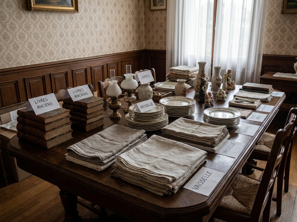 Table de salle à manger couverte d'objets triés et étiquetés lors du vidage organisé d'une maison avant vente