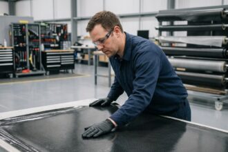 Technicien spécialisé en matériaux composites inspectant un panneau en fibre de carbone dans un atelier professionnel moderne