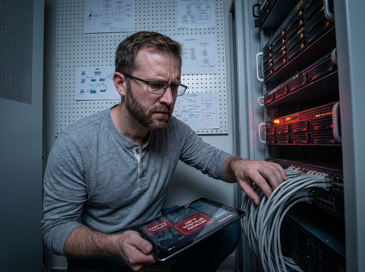 Technicien informatique d'une PME analysant une intrusion réseau sur une tablette dans une salle serveur compacte