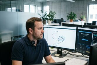 Technicien informatique PME utilisant un logiciel de prise en main à distance sur un poste de travail professionnel